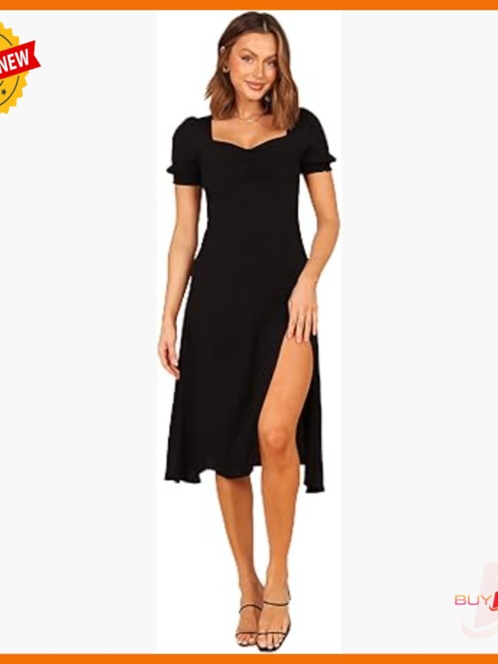 Midi Dress with Shirred Cuffs Sweetheart Neckline Ruched Bust Front Split